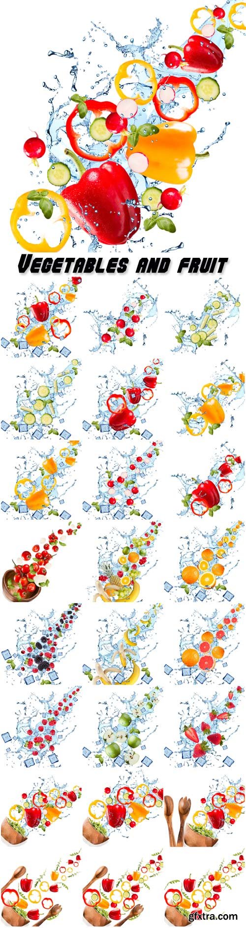 Vegetables and fruit in a spray of water and ice cubes