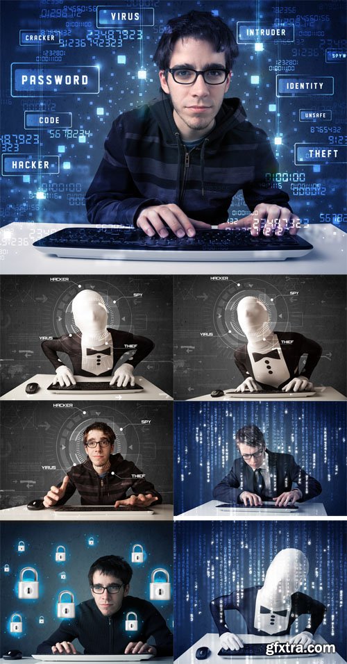 Hacker programing in technology enviroment with cyber icons