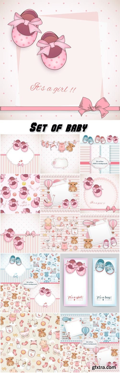 Set of baby booties and decorative backgrounds