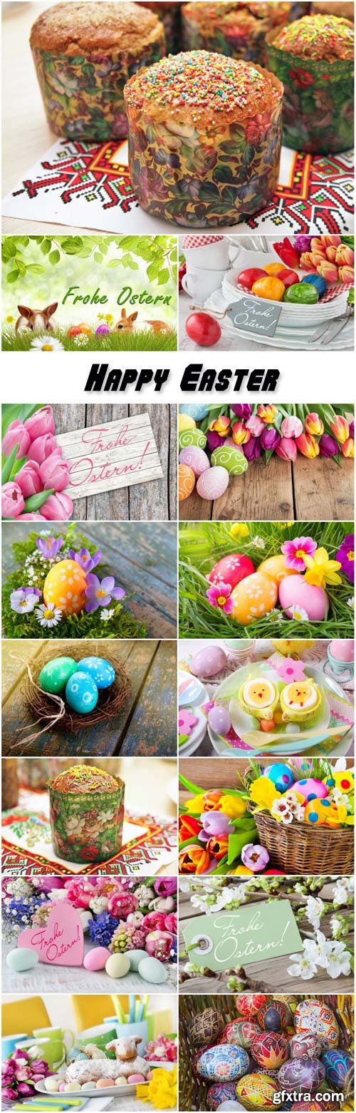 Happy Easter, flowers, easter eggs and easter cake