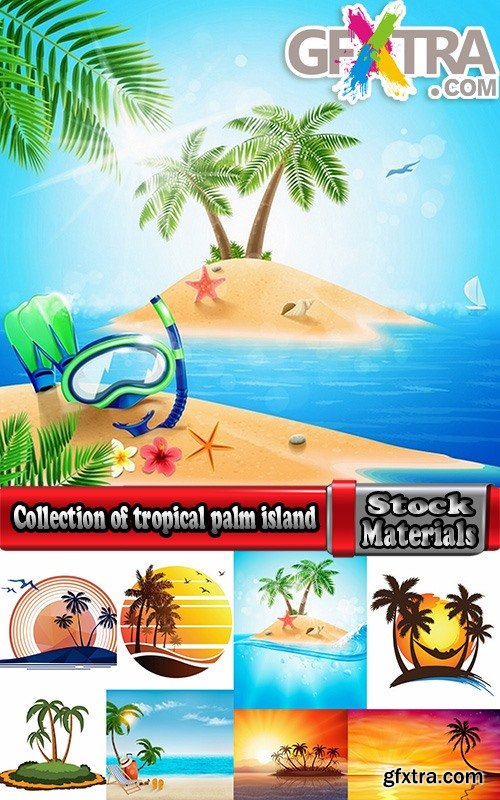 Collection of tropical palm island ocean sunrise sunset tourism travel banner flyer 25 EPS