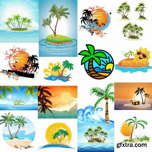 Collection of tropical palm island ocean sunrise sunset tourism travel banner flyer 25 EPS