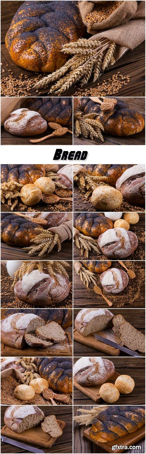 Bread and spikelets on the wooden background