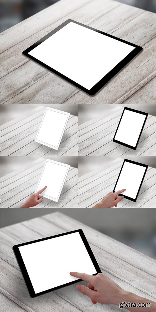 Photo Set - Tablet with White Isolated Screen on Wooden Desk