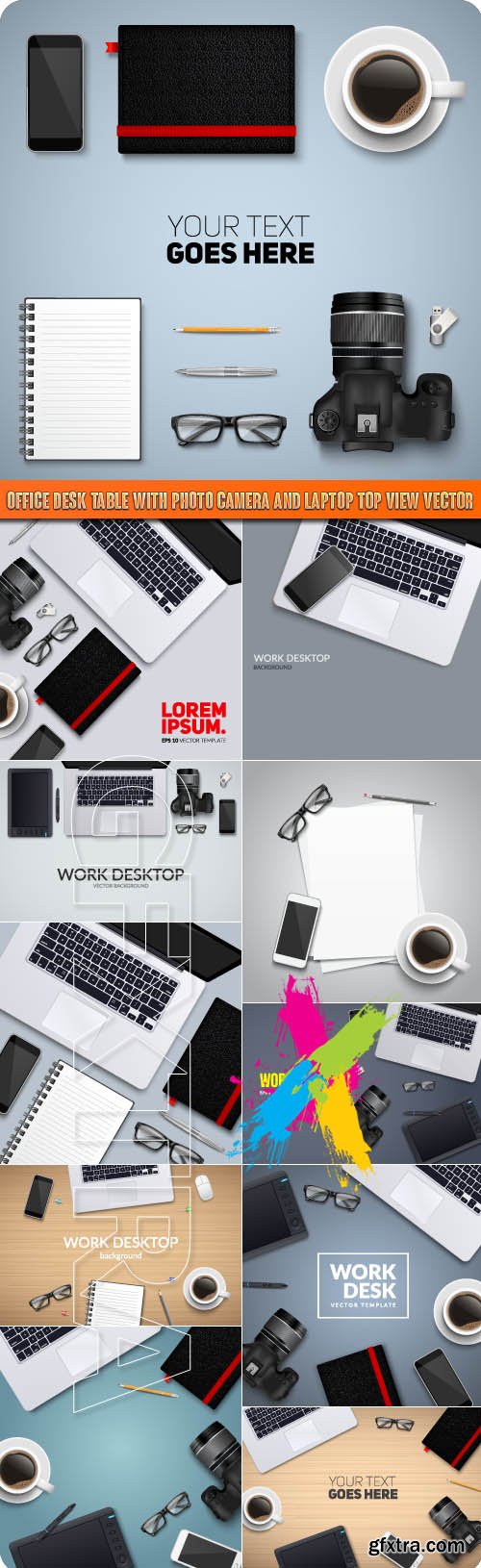 Office desk table with photo camera and laptop top view vector