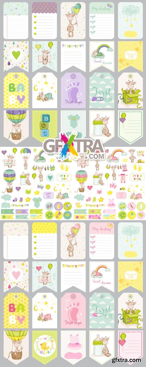 Baby Boy & Baby Girl Cards, Tags & Design Elements Vector