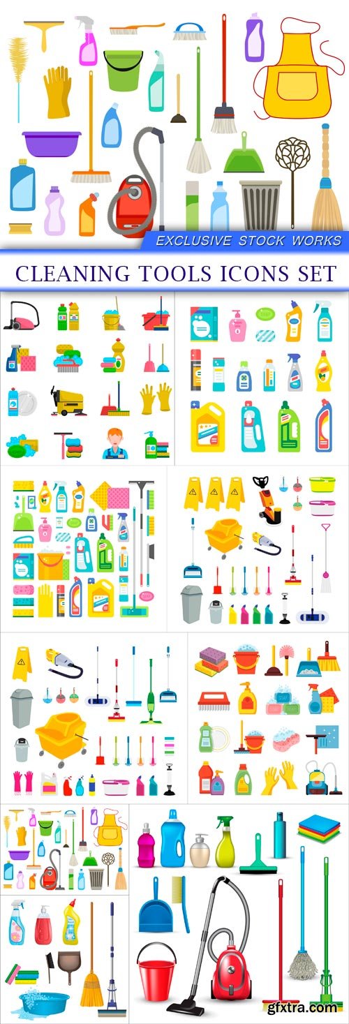 cleaning tools icons set 9x eps