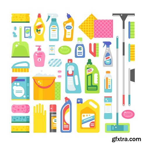 cleaning tools icons set 9x eps