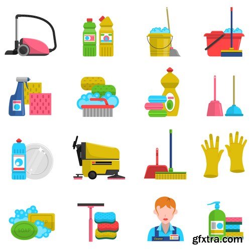 cleaning tools icons set 9x eps