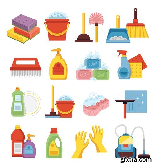 cleaning tools icons set 9x eps