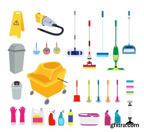 cleaning tools icons set 9x eps