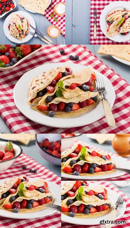 Delicious Pancakes with Raspberries, Blueberries and Strawberrie