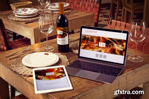 Wine Bottle, iPad Air 2, Macbook Mockup