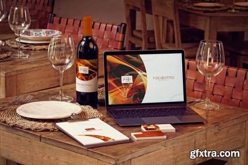 Wine Bottle, MacBook, Business Cards and Menu Mockup