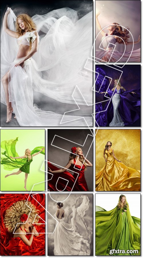 Young Woman in Fashion Shiny Dress, Lady in Flying Clothes - Stock photo