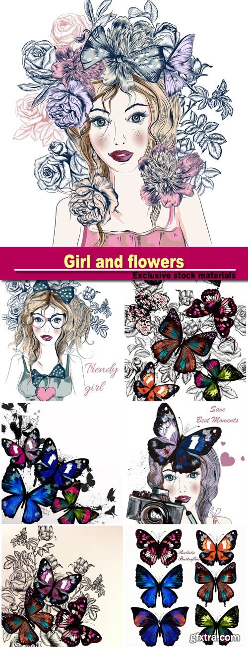 Fashion illustration with hand drawn pretty girl with butterflies and flowers