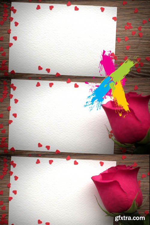 Greeting card with a red rose and space for text on a wooden background