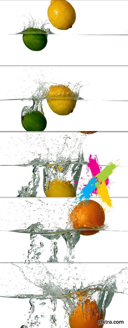 Lime lemon and orange plunging into water on white background