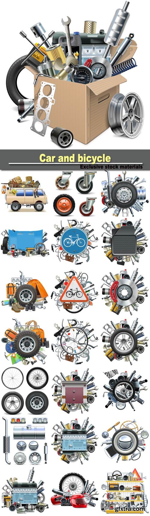 Vector retro car and bicycle spares parts concept