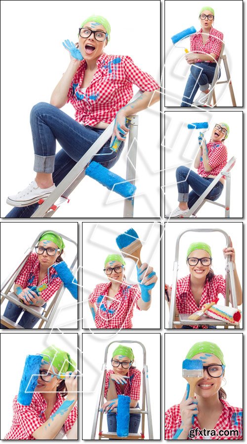 House painter, Worker woman with paint roller and brush - Stock photo