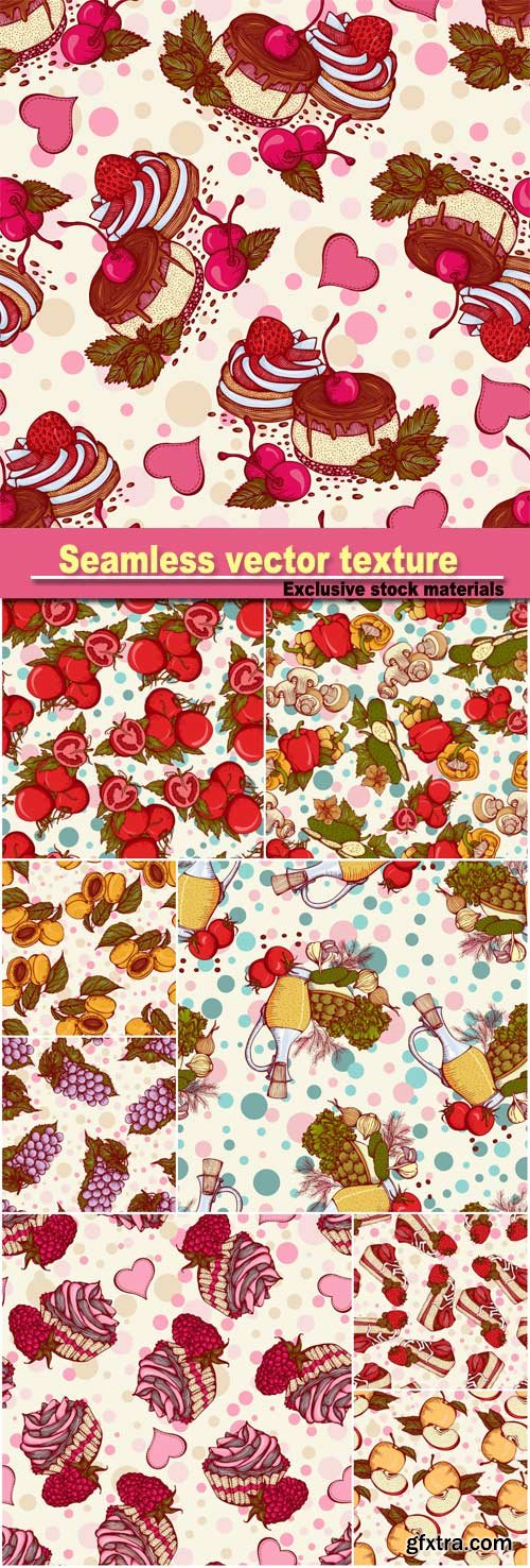 Seamless texture with fruits and vegetables, backgrounds with cakes and cupcakes