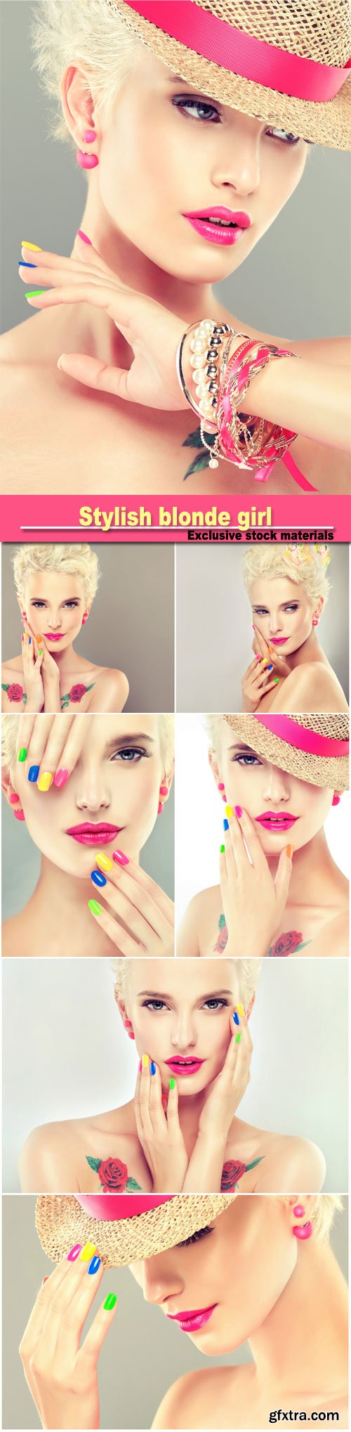 Stylish blonde girl with bright makeup and colorful nail