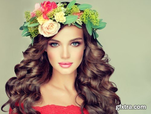 Beautiful woman model brunette with long curly hair floral wreath on the head