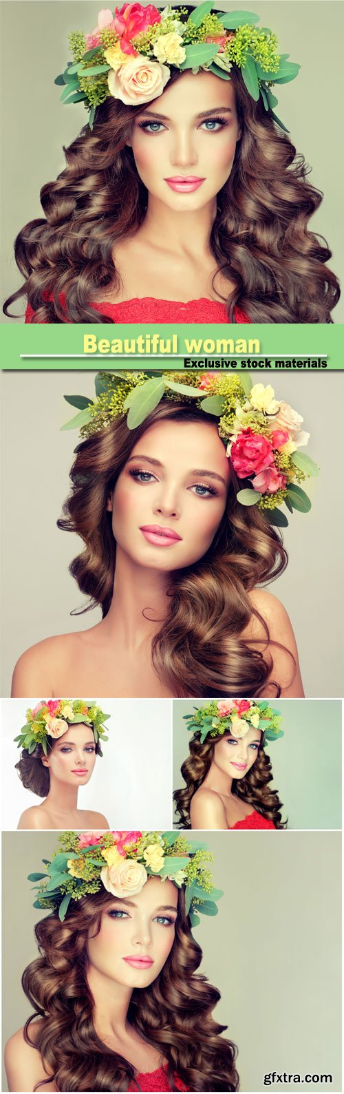 Beautiful woman model brunette with long curly hair floral wreath on the head