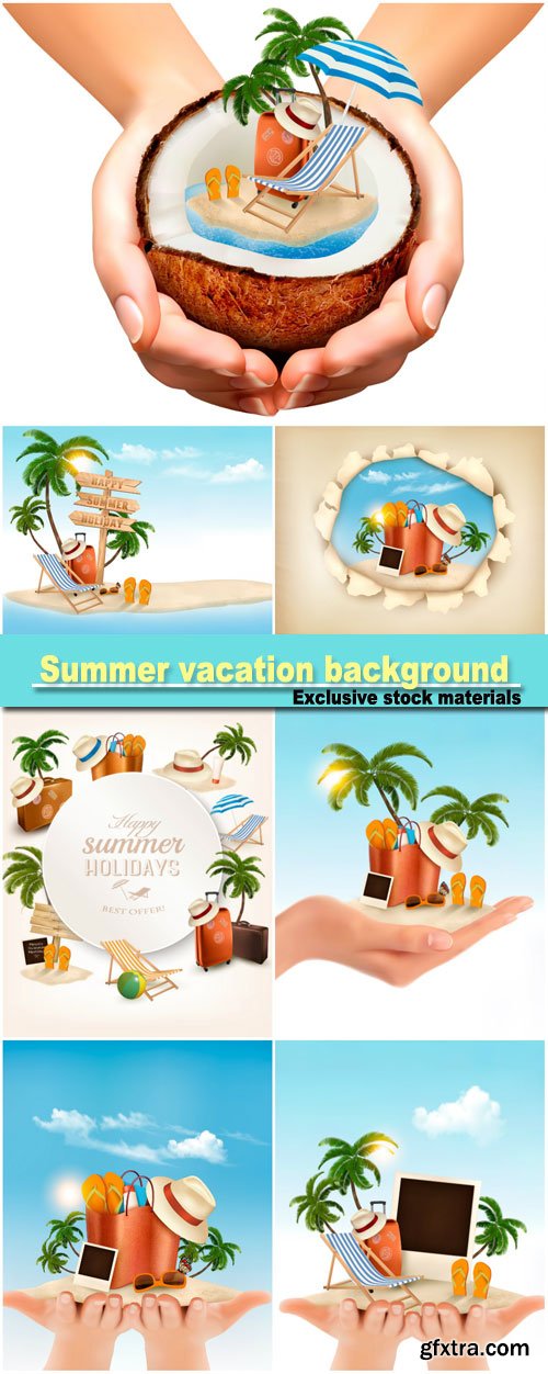 Summer vacation background, tropical island with palms