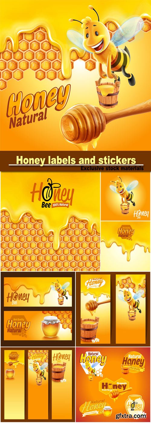 Honey Labels & Stickers, Frame Honey with Bee & Stick 8xEPS