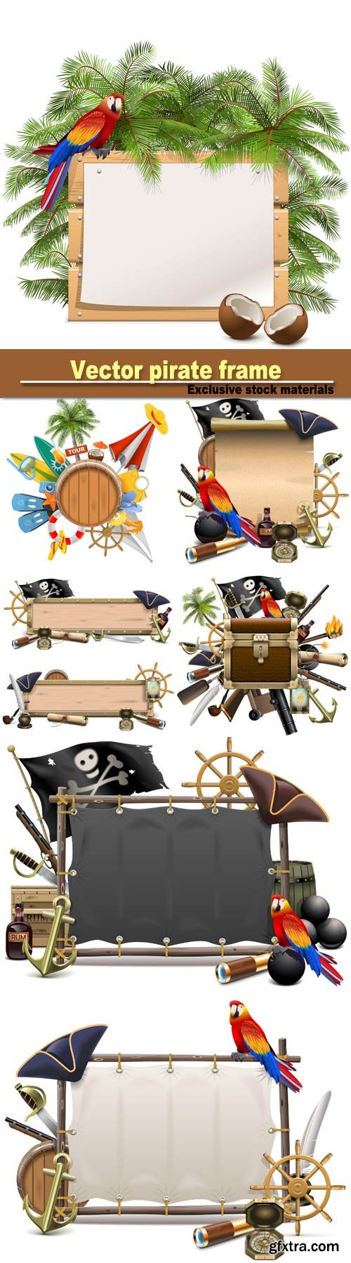 Vector pirate frame, treasure hunt  and beach concept