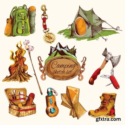 Collection of tourism mountaineering icon flyer banner climber climbing equipment 25 EPS