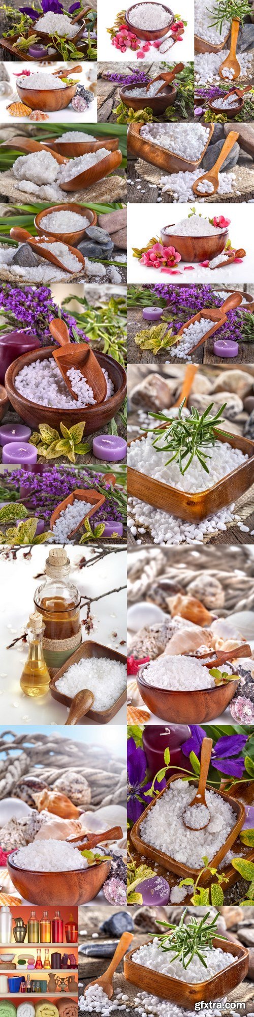 Sea bath salt in bowl and red blossom flowers