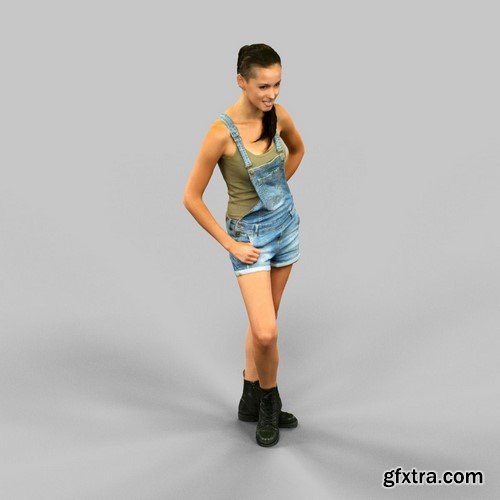 3D LowPoly Girl in green top and jeans salopet