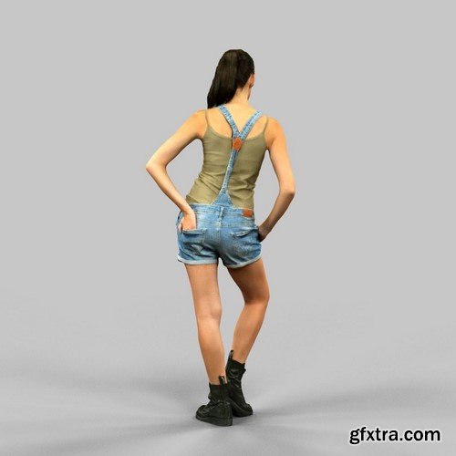 3D LowPoly Girl in green top and jeans salopet