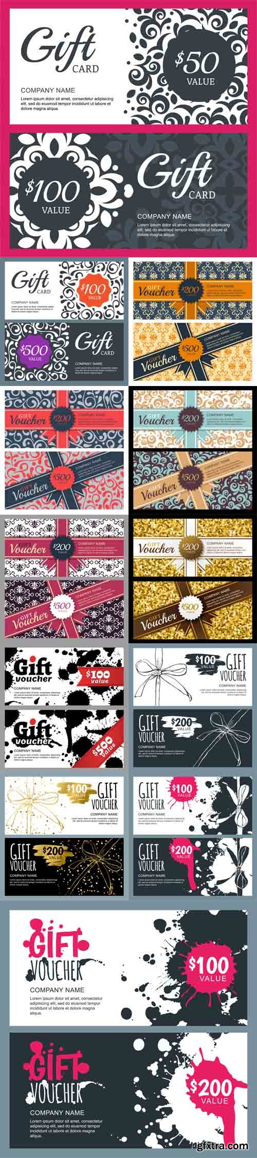 Vector Set - Gift voucher with flourish ornament background and ribbon