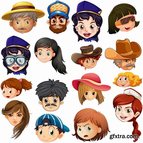 Collection of cartoon girl head man boy teenager emotions on her face 25 EPS