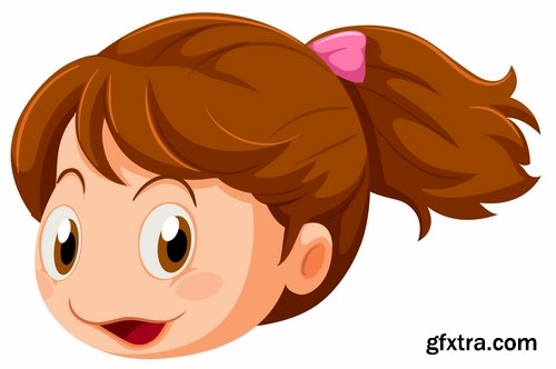 Collection of cartoon girl head man boy teenager emotions on her face 25 EPS