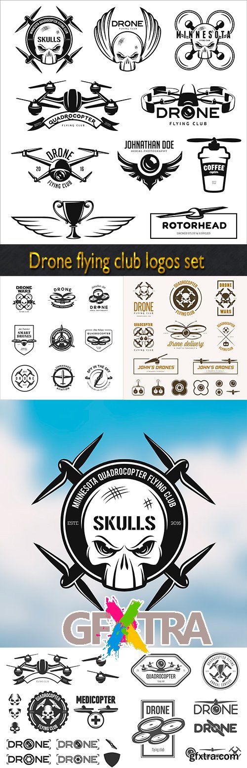 Drone flying club logos set