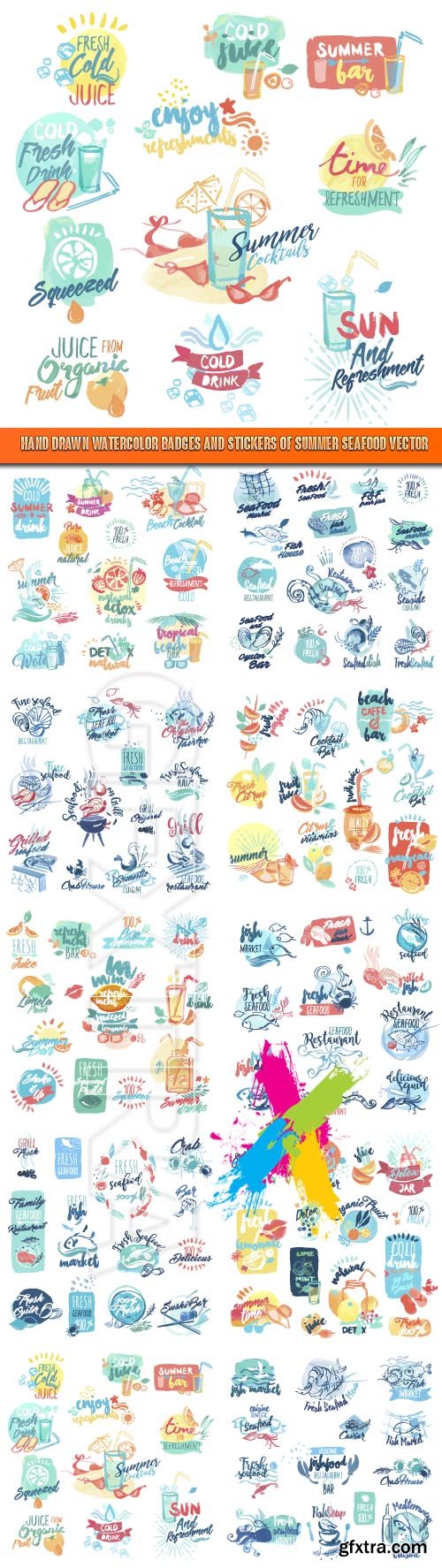 Hand drawn watercolor badges and stickers of summer seafood vector