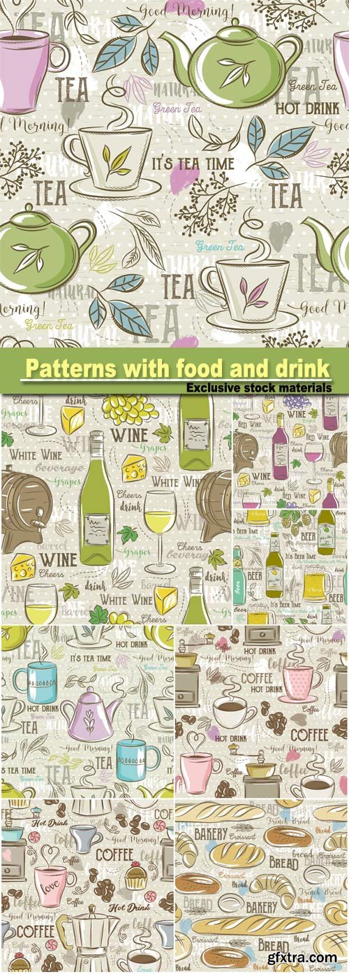 Seamless patterns with coffee, wine and breads