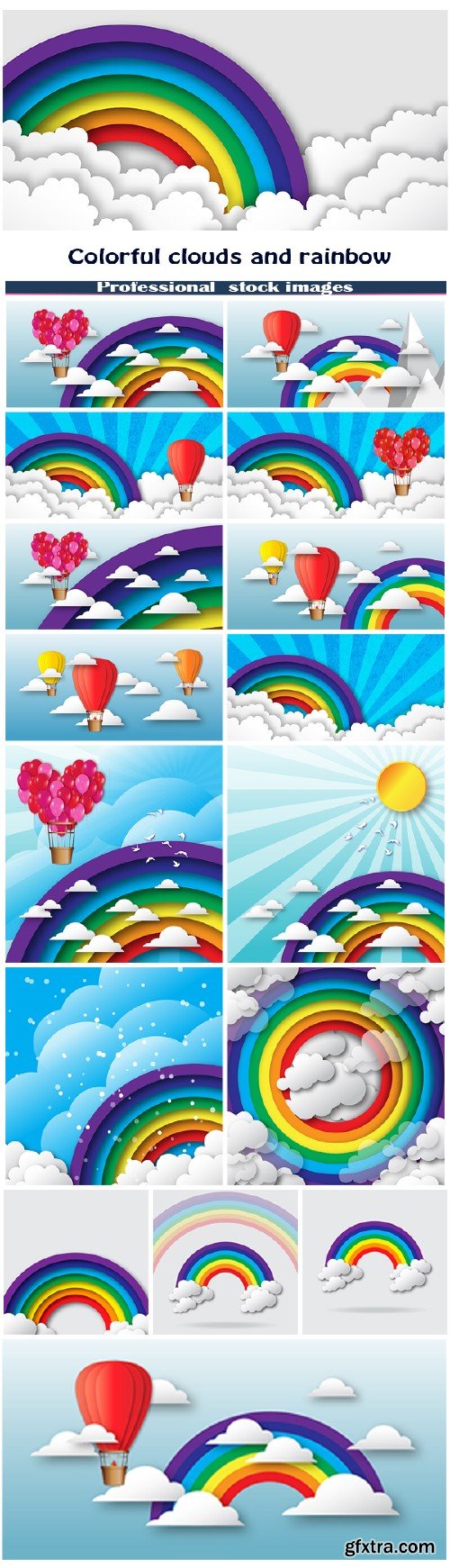 Origami stylized paper colorful clouds and rainbow with blue sky