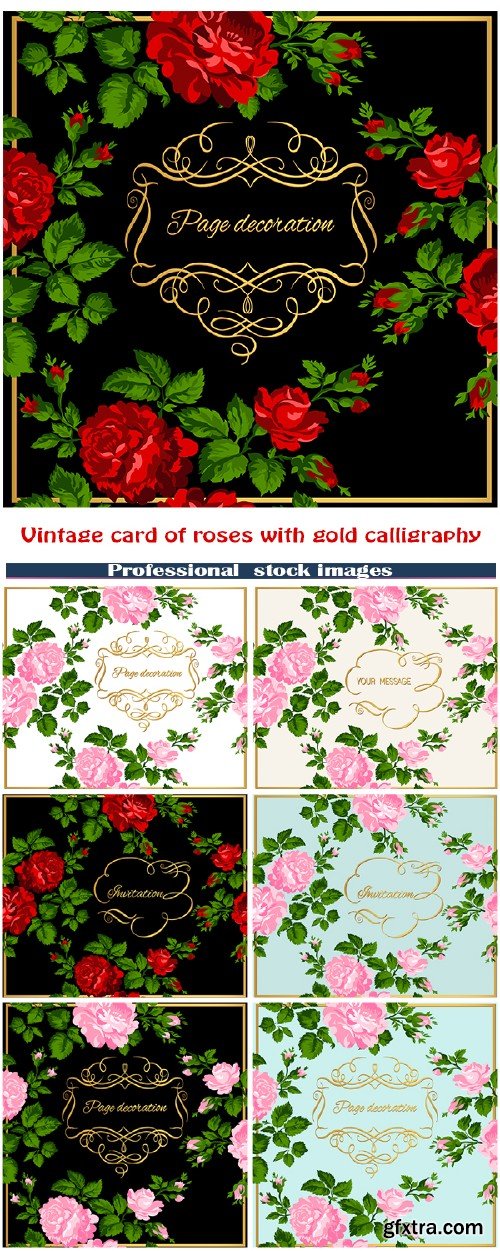 Luxurious vintage card of roses with gold calligraphy