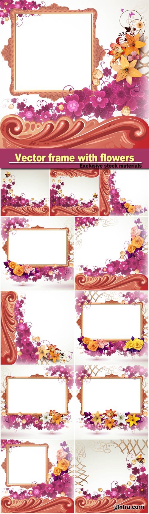 Vector frame with flowers, roses and lilies