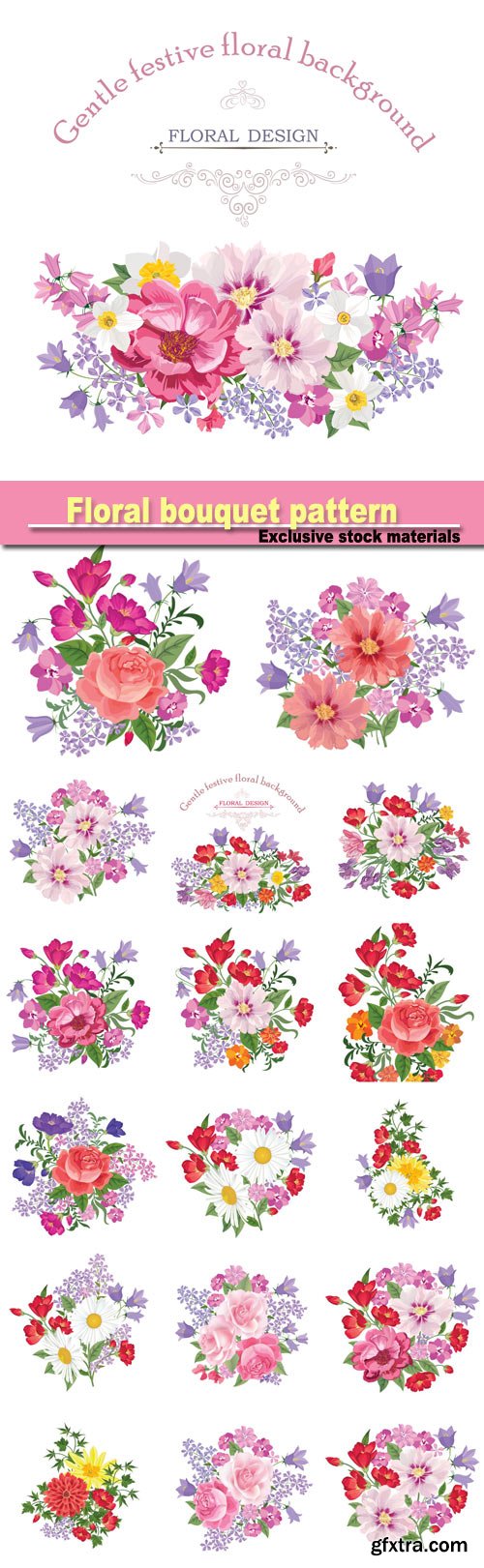 Floral bouquet pattern, vintage vector card with flowers