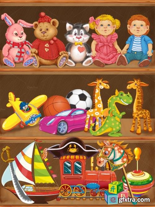 CreativeMarket Wooden Shelf with Childrens Toys 607660