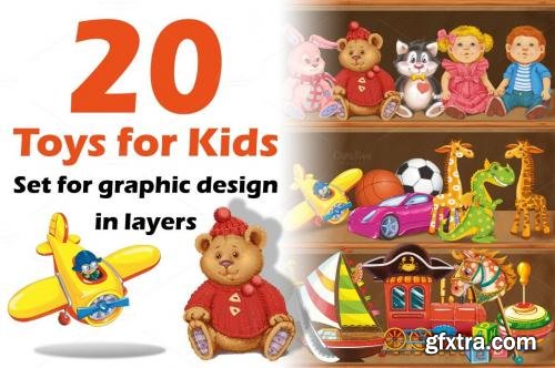 CreativeMarket Wooden Shelf with Childrens Toys 607660