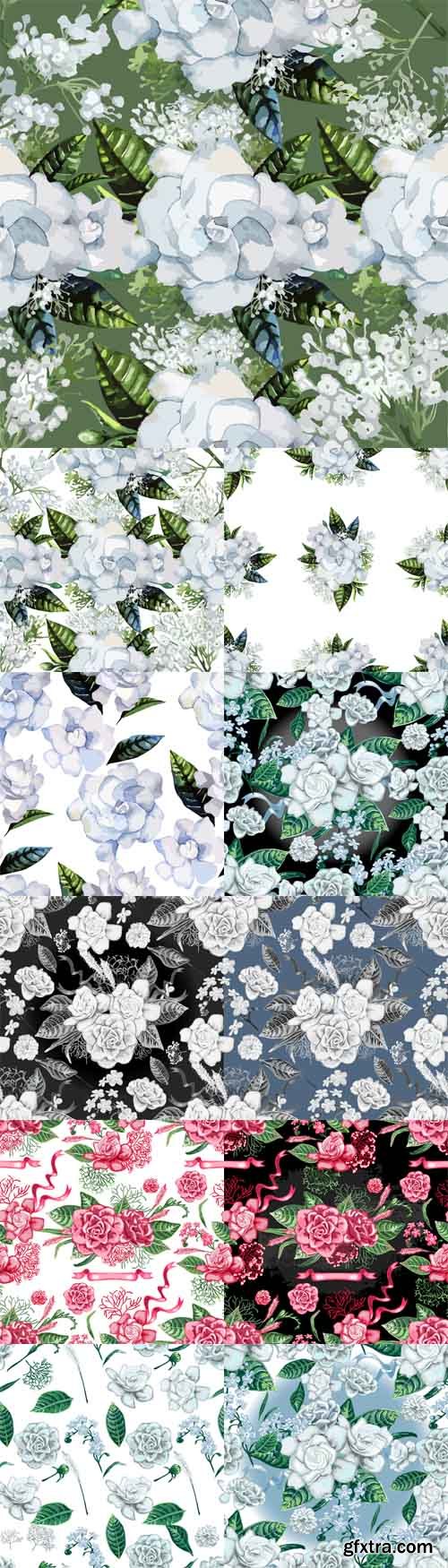 Vector Set - Watercolor Gardenia and Gypsophila Patterns