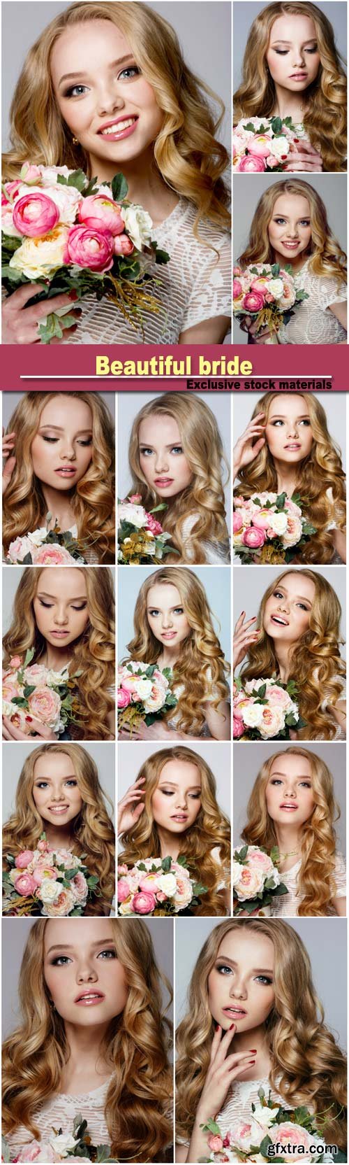 Portrait of beautiful bride with stylish make-up and hairdo holding bouquet in her hands