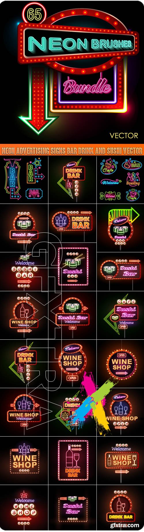 Neon advertising signs bar drink and sushi vector